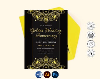 Golden Wedding Anniversary Invitation Template | Black Gold Mandala Invite (Digital Download)