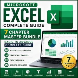 Puede incluir: Una guía digital titulada Microsoft Excel Complete Guide 7 Chapter Master Bundle que muestra un portátil con datos de hojas de cálculo, gráficos y diagramas. La imagen incluye etiquetas de texto para conceptos básicos, fórmulas y herramientas.