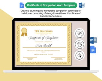 Certificate of Completion Template: Word, Google Docs Editable Modern Diploma (Instant Download)
