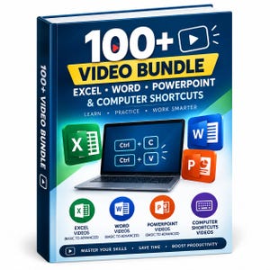 Puede incluir: Una portada de libro azul titulada 100+ VIDEO BUNDLE EXCEL WORD POWERPOINT & COMPUTER SHORTCUTS. La portada muestra una pantalla de portátil con Ctrl+C y Ctrl+V, rodeada de iconos de software para Excel, Word y PowerPoint, con el texto Learn, Practice, Work Smarter.