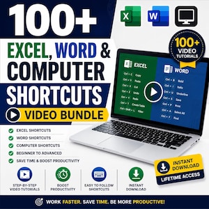 May include: A laptop displays a video tutorial bundle for Excel, Word, and computer shortcuts. The image features the text "100+ Excel, Word & Computer Shortcuts Video Bundle" with icons for Excel, Word, and a computer. Includes "Instant Download" and "Lifetime Access".