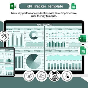 Puede incluir: Una plantilla digital de seguimiento de KPI que se muestra en una computadora portátil y una tableta. La plantilla presenta gráficos y gráficas con el texto "KPI Tracker Template" y "Track key performance indicators with this comprehensive, user-friendly template."