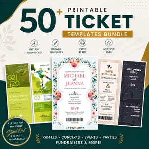Bundel afdrukbare ticketsjablonen | Bewerkbaar evenement, loterij, feest, bruiloft (Word, Google Documenten)