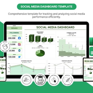 May include: A digital social media dashboard template displayed on a computer monitor, smartphone, and tablet. The template includes charts and graphs for tracking followers, engagement, likes, and hashtags. The text reads "Social Media Dashboard Template".