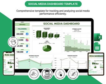 Social Media Dashboard Template, Analytics Tracker (Google Sheets, Excel)