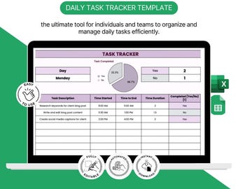Daily Task Tracker Template | Excel & Google Sheets Planner | Productivity To Do List | Time Tracking | Work Task Manager