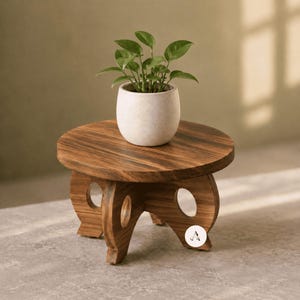 Wood Plant Stand, Round Pine Display Riser, Rustic Farmhouse Pedestal for Flower Pots, Tabletop Decor Stand