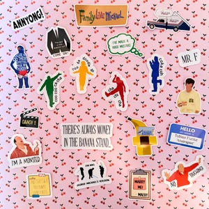 May include: A collection of colorful stickers with various designs and text, including phrases like "ANNYONG!" and "I'VE MADE A HUGE MISTAKE." The stickers feature cartoon figures and quotes from a TV show.