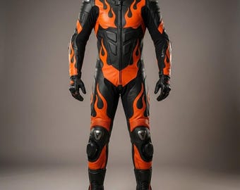 Tuta da motociclista in pelle bovina Flame Armor – Tuta da motociclista personalizzata