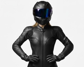 Macacão de couro preto feminino para motociclismo – Equipamento de pista com proteção CE