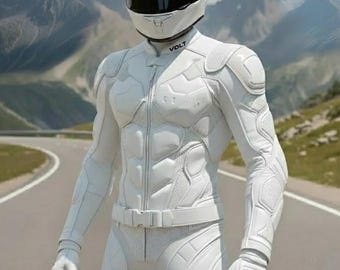 Traje de carreras de cuero blanco Apex Moto / Armadura con certificación CE, hecho a mano