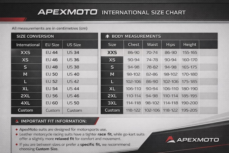 Op de afbeelding: ApexMoto internationale maattabel met afmetingen in centimeters. De tabel bevat matenconversies voor EU- en US-maten, lichaamsmaten en belangrijke informatie over de pasvorm voor motorsportpakken.