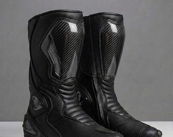 Carbon Fiber Motorcycle Racing Boots Black Leather Track Riding Protective Footwear