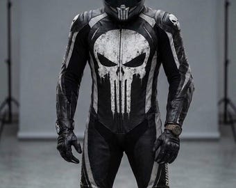 Traje de cuero para motociclista con calavera de Punisher / Chándal de motociclista blindado CE para hombre