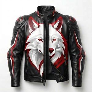 Könnte beinhalten: Eine schwarze Motorradjacke mit einer großen weißen Wolfsgrafik mit roten Augen und Akzenten auf der Vorderseite. Die Jacke verfügt über einen Stehkragen, einen durchgehenden Frontreißverschluss, Schutzpolster an Schultern und Ellbogen sowie rote Details.