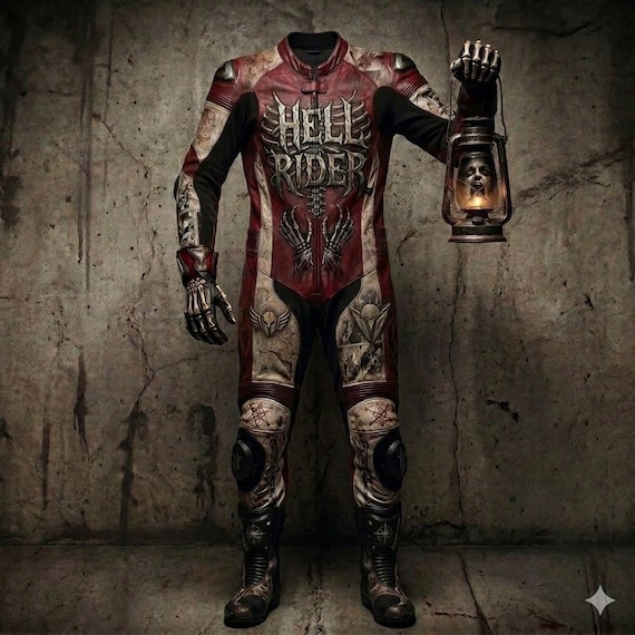 CE Approved Gothic Skull Leather Biker Racing Suit | Custom Motorcycle Riding Gear