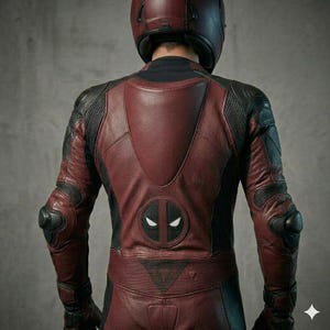 Pu&ograve; includere: Tuta da moto bordeaux e nera con casco abbinato. La tuta presenta un logo Deadpool sul retro e imbottiture protettive sui gomiti. La tuta in pelle &egrave; progettata per andare in moto.
