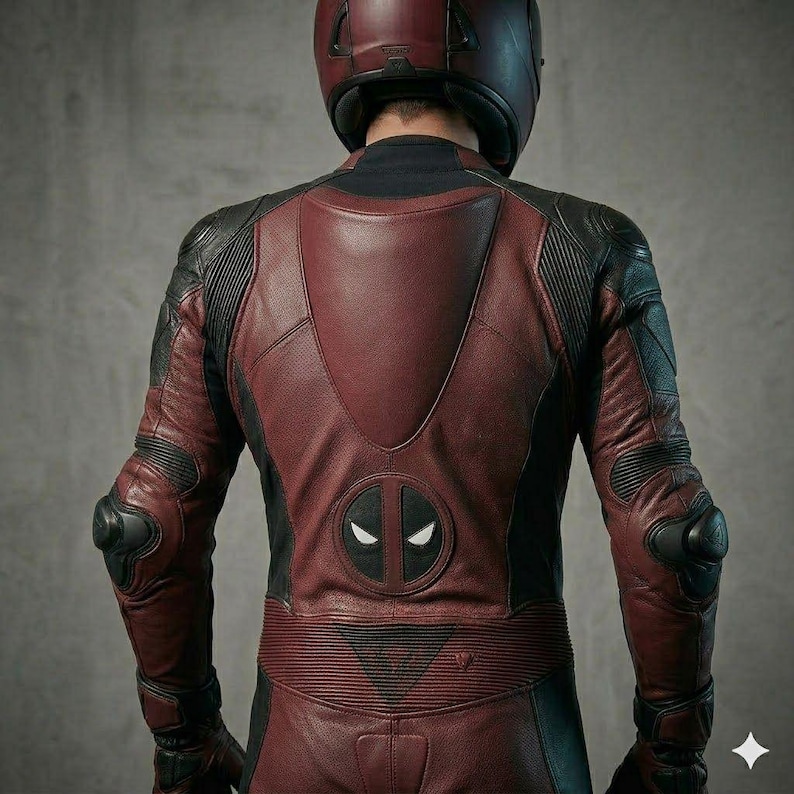 Pu&ograve; includere: Tuta da moto bordeaux e nera con casco abbinato. La tuta presenta un logo Deadpool sul retro e imbottiture protettive sui gomiti. La tuta in pelle &egrave; progettata per andare in moto.