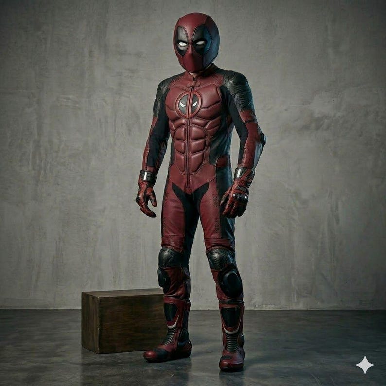 Pu&ograve; includere: Un costume intero bordeaux e nero, con un casco con aperture per gli occhi. La tuta ha un'emblema sul petto e dettagli imbottiti. Guanti, ginocchiere e stivali completano l'ensemble. Il costume &egrave; progettato per assomigliare a un personaggio dei fumetti.