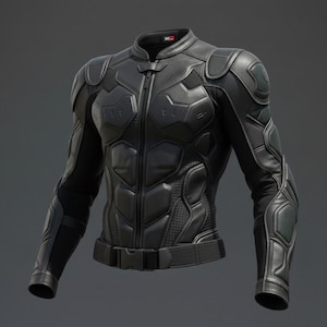 Pode incluir: Casaco de motociclista preto com gola alta, fecho de correr e detalhes de armadura almofadada nos ombros, peito e braços. O casaco tem cinto na cintura e é feito de um material durável.