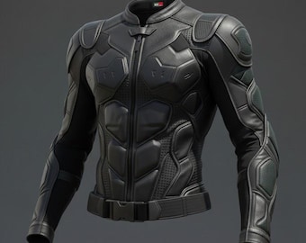 May include: Black motorcycle jacket with a high collar, zipper closure, and padded armor detailing on the shoulders, chest, and arms. The jacket has a belt at the waist and is made of a durable material.