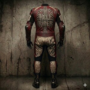 Op de afbeelding: Een rode en zwarte leren motorpak met de tekst "HELL RIDER" op de rug. Het pak heeft een skeletontwerp en andere graphics. Het pak heeft zwarte handschoenen en laarzen.