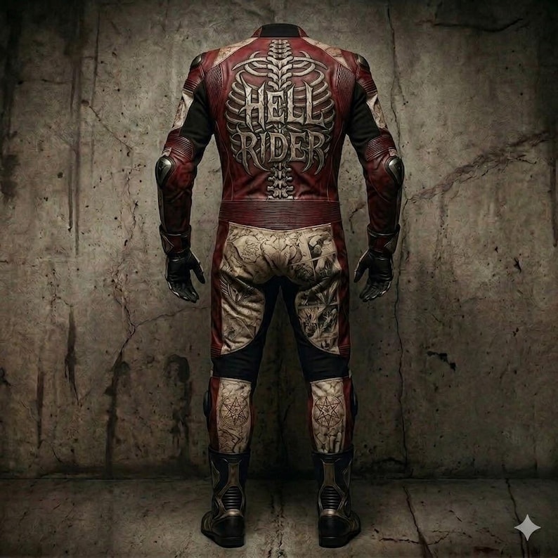 Op de afbeelding: Een rode en zwarte leren motorpak met de tekst "HELL RIDER" op de rug. Het pak heeft een skeletontwerp en andere graphics. Het pak heeft zwarte handschoenen en laarzen.