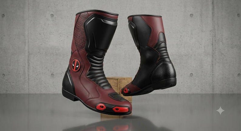 Pu&ograve; includere: Paio di stivali da moto rossi e neri con il logo di Deadpool. Gli stivali hanno un design a stelo alto con pannelli rinforzati e un motivo strutturato sullo stelo superiore. Le suole hanno accenti rossi.
