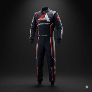 May include: Navy blue racing suit with red and white detailing. The suit displays the logos "Velocity Racing" and "ApexMoto Racing". It has long sleeves and legs, with "IGNITE" printed on the right leg.