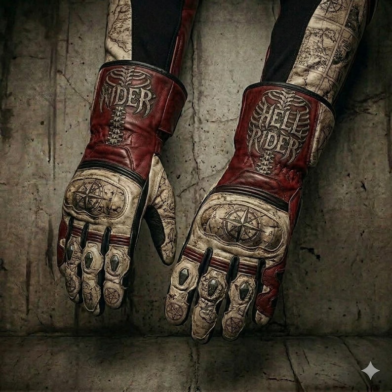 Op de afbeelding: Motorhandschoenen met een vintage uitstraling, in rood en gebroken wit. De handschoenen tonen kompasroosmotieven en de woorden "RIDER" en "HELL RIDER". Ze hebben beschermende padding op de knokkels, wat bijdraagt aan hun stoere uitstraling.