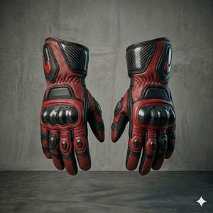 Pu&ograve; includere: Un paio di guanti da moto rossi e neri. I guanti hanno dettagli in fibra di carbonio sulle nocche e sul polso. I guanti sono in pelle e hanno un design imbottito per la protezione.