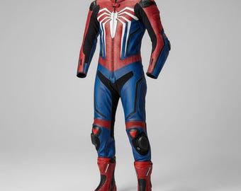 Red & Blue Spider Style Motorcycle Racing Leather Suit | Custom Printed Moto Track Suit