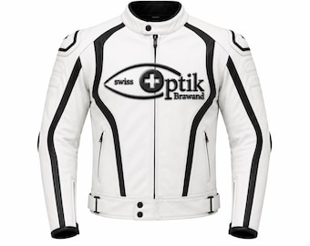 Chaqueta de cuero personalizada Apex Moto para carreras / Equipamiento de motorista en blanco y negro (con protecciones CE)