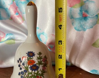 Vintage Porcelain Hand Bell, Hand-Painted Wildflower Bouquet, Gold Tip Handle, Cottagecore Decor