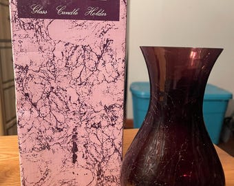 Vintage amethist knisperend glazen kandelaar – uitlopende trompetvaas, cadeaucollectie (originele doos)