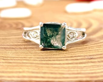 Anillo de ágata musgosa de plata esterlina: gema de corte cuadrado,