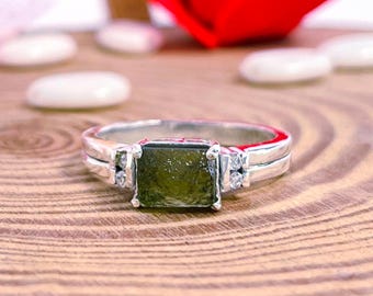 Roher Moldavit Ring | Sterling Silber Achteckschliff Edelstein, Boho Verlobungsschmuck
