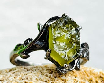 Roher Moldavit Sterling Silber Ring, Tschechischer Meteorit, Blatt Schmuck