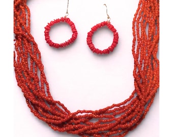 Vibrant Red Coral 10-Strand Seed Bead Necklace Set, Chunky Multi-Layered Jewelry