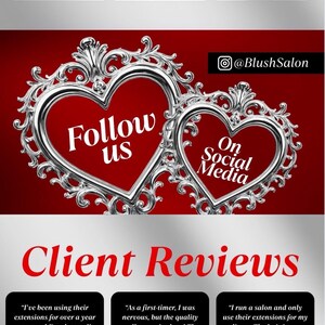 Pu&ograve; includere: Immagine promozionale per Blush Salon con tre donne con extension per capelli lunghi e scuri. L'immagine include il testo "Seguici sui social media" e "Recensioni dei clienti" con testimonianze.