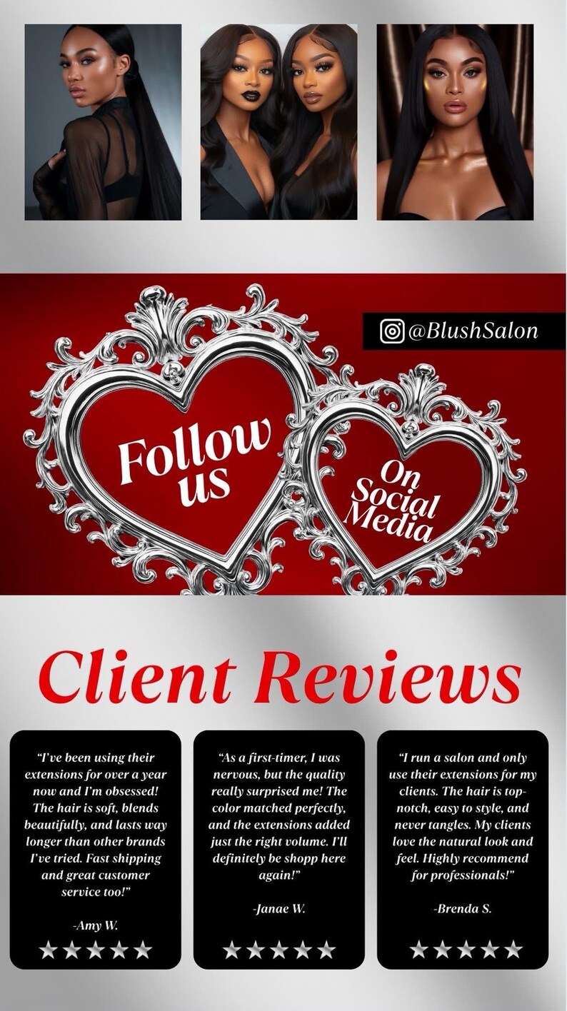 Pu&ograve; includere: Immagine promozionale per Blush Salon con tre donne con extension per capelli lunghi e scuri. L'immagine include il testo "Seguici sui social media" e "Recensioni dei clienti" con testimonianze.