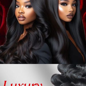 Pu&ograve; includere: L'immagine presenta due donne con lunghi capelli neri, su uno sfondo floreale rosso. La parola "BLUSH" &egrave; in alto. Sotto, le parole "Luxury HAIR" sono visualizzate in rosso, con "AT AFFORDABLE PRICES" sotto.