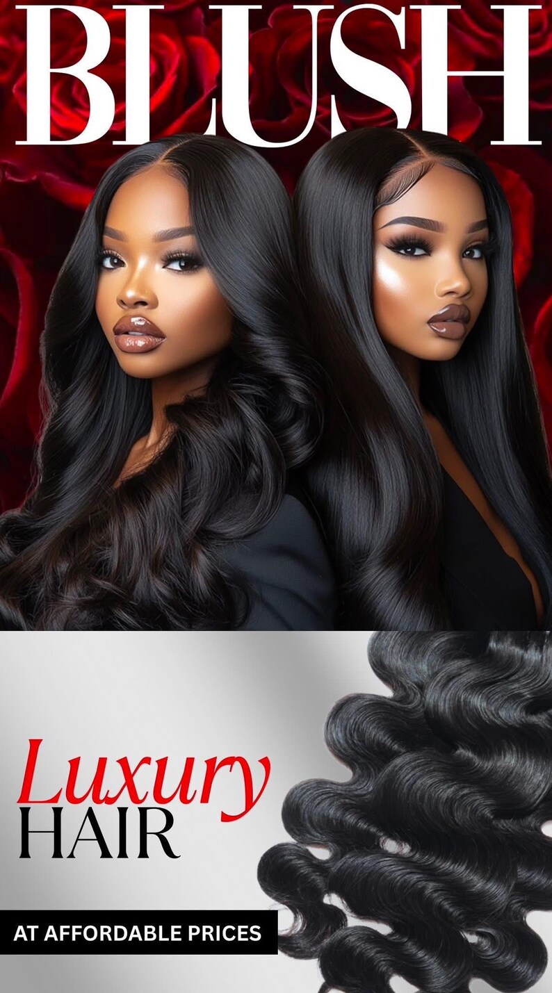 Pu&ograve; includere: L'immagine presenta due donne con lunghi capelli neri, su uno sfondo floreale rosso. La parola "BLUSH" &egrave; in alto. Sotto, le parole "Luxury HAIR" sono visualizzate in rosso, con "AT AFFORDABLE PRICES" sotto.