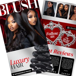 Pu&ograve; includere: Una pubblicit&agrave; per extension di capelli di lusso. L'immagine presenta due donne con lunghi capelli neri e un fascio di capelli ondulati. Il testo recita "Luxury Hair at Affordable Prices", "Follow Us" e "On Social Media".