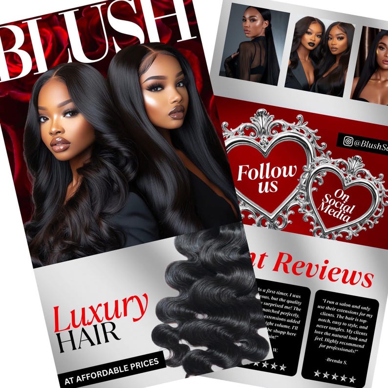 Pu&ograve; includere: Una pubblicit&agrave; per extension di capelli di lusso. L'immagine presenta due donne con lunghi capelli neri e un fascio di capelli ondulati. Il testo recita "Luxury Hair at Affordable Prices", "Follow Us" e "On Social Media".