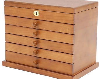Handmade Extra Large Wooden Jewelry Box, 6 Layer Jewelry Organizer Case with Four Leaf Carved Design, Jewelry Storage Cabinet Gift for Women