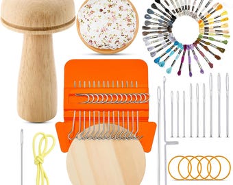 Mini Darning Mushroom Loom | 14 Hooks Speedweve Style Weaving Tool with 9 Needles & 50 Colors Thread