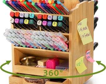 Organizador de bolígrafos giratorio de 360°, gran organizador de material de arte con capacidad para 400 lápices de colores y marcadores, 15 compartimentos.