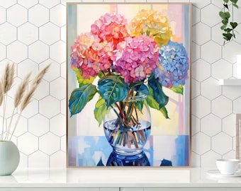 Hydrangea Flower Vase Still Life Painting, Colorful Floral Wall Art Print