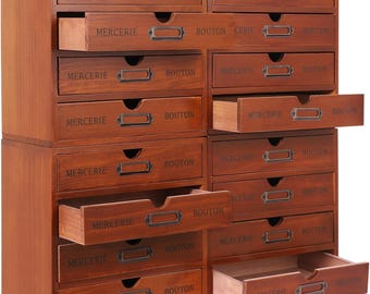 Handmade Vintage Wooden Drawer Organizer, 16 Drawer Desktop Storage Cabinet with Label Holders, Rustic Office Organizer for Cosmetics, Files